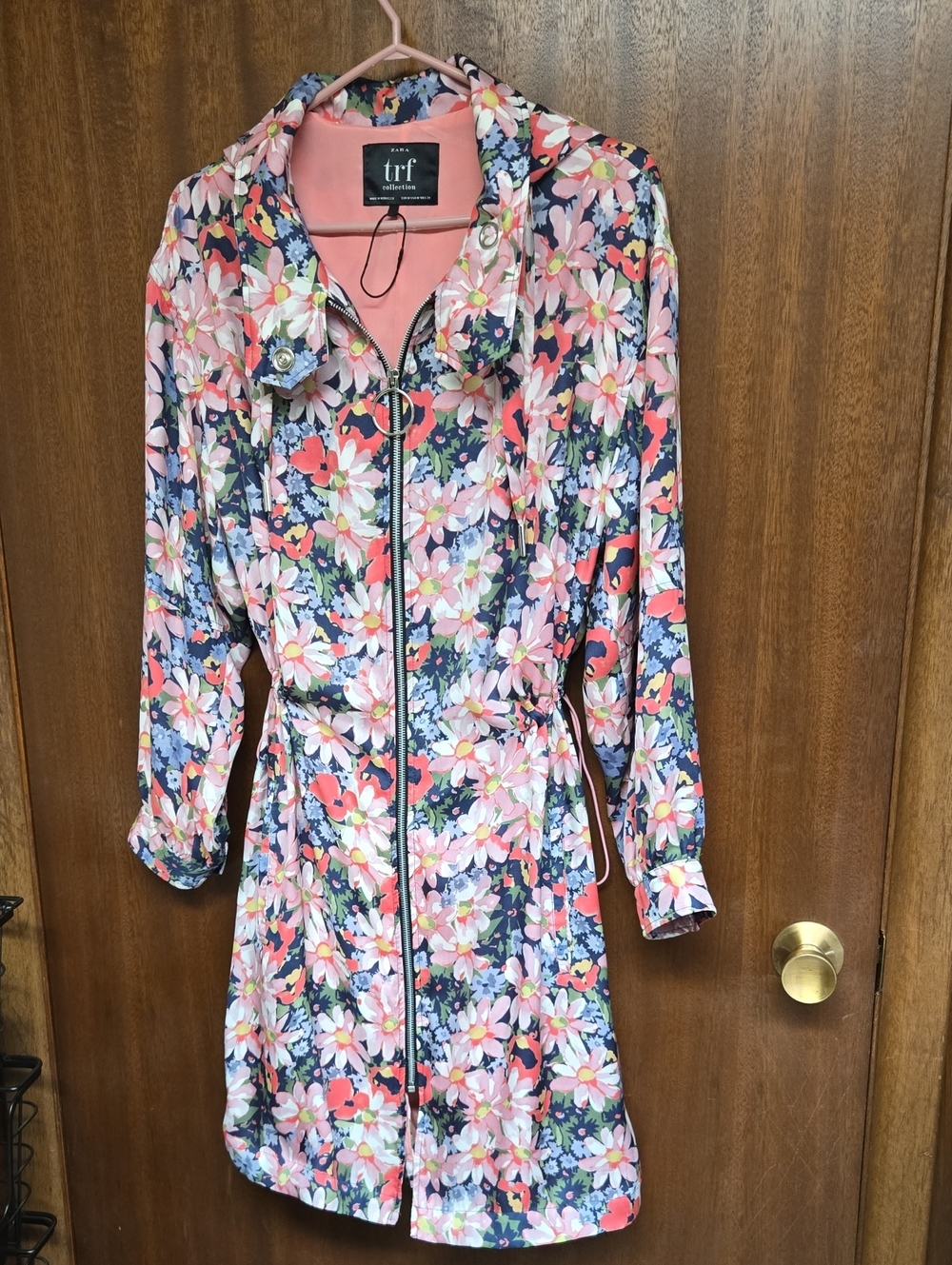 ZARA TRF Floral Hooded Longline Windbreaker Jacket Medium